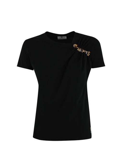 T-shirt in jersey nero con spilla gioiello Elisabetta Franchi | MA02851E2110